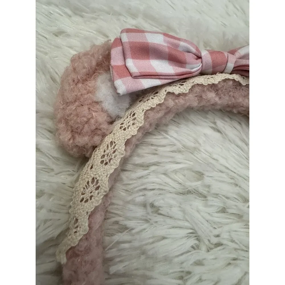 Pink Bear Ears Headband Cosplay Fuzzy Head Band Makeup Spa Costume